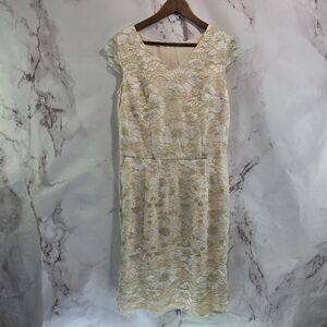 Eshakti Dress Womens Small Midi Lace Gold Cream Sheath Sleeveless Bodycon